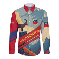 Liechtenstein Long Sleeve Button Shirt with Mountain Goat Landscape Design and Red Blue Alps - Wonder Print Shop