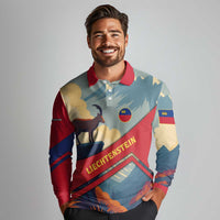Liechtenstein Long Sleeve Polo Shirt with Mountain Goat Landscape Design and Red Blue Alps - Wonder Print Shop