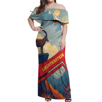 Liechtenstein Off Shoulder Maxi Dress with Mountain Goat Landscape Design and Red Blue Alps - Wonder Print Shop