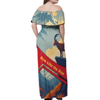 Liechtenstein Off Shoulder Maxi Dress with Mountain Goat Landscape Design and Red Blue Alps - Wonder Print Shop