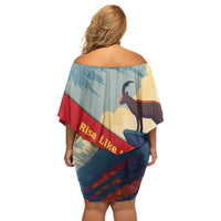 Liechtenstein Off Shoulder Short Dress with Mountain Goat Landscape Design and Red Blue Alps - Wonder Print Shop