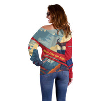 Liechtenstein Off Shoulder Sweater with Mountain Goat Landscape Design and Red Blue Alps - Wonder Print Shop