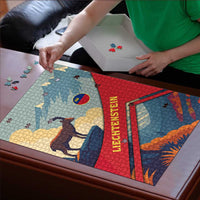 Liechtenstein Puzzle with Mountain Goat Landscape Design and Red Blue Alps - Wonder Print Shop