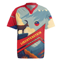 Liechtenstein Rugby Jersey with Mountain Goat Landscape Design and Red Blue Alps - Wonder Print Shop
