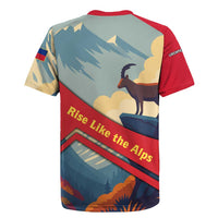 Liechtenstein Rugby Jersey with Mountain Goat Landscape Design and Red Blue Alps - Wonder Print Shop
