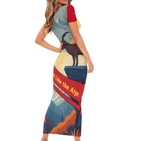 Liechtenstein Short Sleeve Bodycon Dress with Mountain Goat Landscape Design and Red Blue Alps - Wonder Print Shop