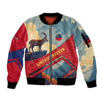 Liechtenstein Sleeve Zip Bomber Jacket with Mountain Goat Landscape Design and Red Blue Alps - Wonder Print Shop