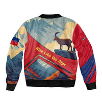 Liechtenstein Sleeve Zip Bomber Jacket with Mountain Goat Landscape Design and Red Blue Alps - Wonder Print Shop