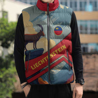 Liechtenstein Sleeveless Puffer Jacket with Mountain Goat Landscape Design and Red Blue Alps - Wonder Print Shop