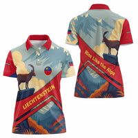 Liechtenstein Women Polo Shirt with Mountain Goat Landscape Design and Red Blue Alps - Wonder Print Shop