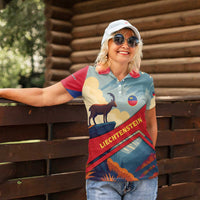 Liechtenstein Women Polo Shirt with Mountain Goat Landscape Design and Red Blue Alps - Wonder Print Shop