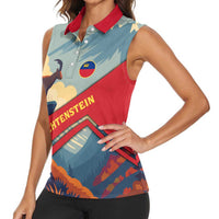 Liechtenstein Women Sleeveless Polo Shirt with Mountain Goat Landscape Design and Red Blue Alps - Wonder Print Shop