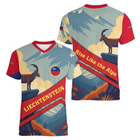 Liechtenstein Women V-Neck T-Shirt with Mountain Goat Landscape Design and Red Blue Alps - Wonder Print Shop