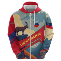 Liechtenstein Zip Hoodie with Mountain Goat Landscape Design and Red Blue Alps - Wonder Print Shop