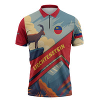 Liechtenstein Zipper Polo Shirt with Mountain Goat Landscape Design and Red Blue Alps - Wonder Print Shop