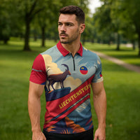 Liechtenstein Zipper Polo Shirt with Mountain Goat Landscape Design and Red Blue Alps - Wonder Print Shop