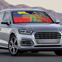 Liechtenstein Auto Sun Shade with Red Blue Aerial River Design and Yellow Crown Emblem - Wonder Print Shop