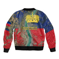 Liechtenstein Bomber Jacket with Red Blue Aerial River Design and Yellow Crown Emblem - Wonder Print Shop