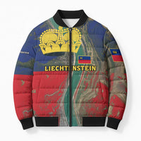 Liechtenstein Bomber Puffer Jacket with Red Blue Aerial River Design and Yellow Crown Emblem - Wonder Print Shop
