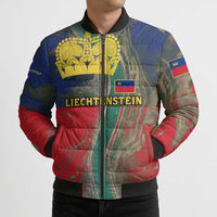Liechtenstein Bomber Puffer Jacket with Red Blue Aerial River Design and Yellow Crown Emblem - Wonder Print Shop