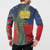 Liechtenstein Button Sweatshirt with Red Blue Aerial River Design and Yellow Crown Emblem - Wonder Print Shop