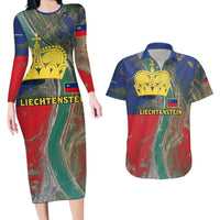 Liechtenstein Couples Matching Long Sleeve Bodycon Dress and Hawaiian Shirt with Red Blue Aerial River Design and Yellow Crown Emblem - Wonder Print Shop
