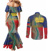 Liechtenstein Couples Matching Mermaid Dress and Long Sleeve Button Shirt with Red Blue Aerial River Design and Yellow Crown Emblem - Wonder Print Shop