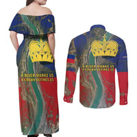 Liechtenstein Couples Matching Off Shoulder Maxi Dress and Long Sleeve Button Shirt with Red Blue Aerial River Design and Yellow Crown Emblem - Wonder Print Shop
