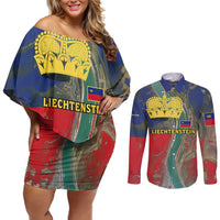 Liechtenstein Couples Matching Off Shoulder Short Dress and Long Sleeve Button Shirt with Red Blue Aerial River Design and Yellow Crown Emblem - Wonder Print Shop