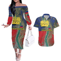 Liechtenstein Couples Matching Off The Shoulder Long Sleeve Dress and Hawaiian Shirt with Red Blue Aerial River Design and Yellow Crown Emblem - Wonder Print Shop
