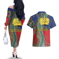 Liechtenstein Couples Matching Off The Shoulder Long Sleeve Dress and Hawaiian Shirt with Red Blue Aerial River Design and Yellow Crown Emblem - Wonder Print Shop