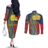 Liechtenstein Couples Matching Off The Shoulder Long Sleeve Dress and Long Sleeve Button Shirt with Red Blue Aerial River Design and Yellow Crown Emblem - Wonder Print Shop