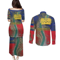 Liechtenstein Couples Matching Puletasi and Long Sleeve Button Shirt with Red Blue Aerial River Design and Yellow Crown Emblem - Wonder Print Shop