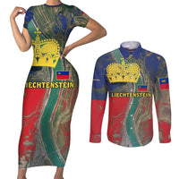 Liechtenstein Couples Matching Short Sleeve Bodycon Dress and Long Sleeve Button Shirt with Red Blue Aerial River Design and Yellow Crown Emblem - Wonder Print Shop