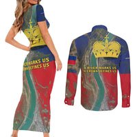 Liechtenstein Couples Matching Short Sleeve Bodycon Dress and Long Sleeve Button Shirt with Red Blue Aerial River Design and Yellow Crown Emblem - Wonder Print Shop