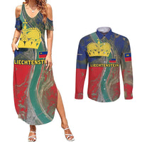 Liechtenstein Couples Matching Summer Maxi Dress and Long Sleeve Button Shirt with Red Blue Aerial River Design and Yellow Crown Emblem - Wonder Print Shop