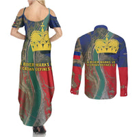 Liechtenstein Couples Matching Summer Maxi Dress and Long Sleeve Button Shirt with Red Blue Aerial River Design and Yellow Crown Emblem - Wonder Print Shop
