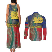 Liechtenstein Couples Matching Tank Maxi Dress and Long Sleeve Button Shirt with Red Blue Aerial River Design and Yellow Crown Emblem - Wonder Print Shop