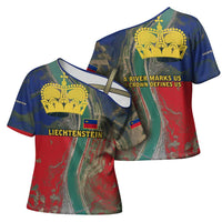 Liechtenstein Cross Shoulder Shirt with Red Blue Aerial River Design and Yellow Crown Emblem - Wonder Print Shop