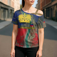 Liechtenstein Cross Shoulder Shirt with Red Blue Aerial River Design and Yellow Crown Emblem - Wonder Print Shop