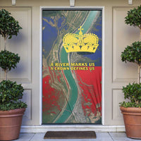 Liechtenstein Door Cover with Red Blue Aerial River Design and Yellow Crown Emblem - Wonder Print Shop