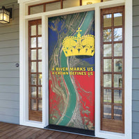 Liechtenstein Door Cover with Red Blue Aerial River Design and Yellow Crown Emblem - Wonder Print Shop