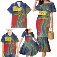 Liechtenstein Family Matching Mermaid Dress and Hawaiian Shirt with Red Blue Aerial River Design and Yellow Crown Emblem - Wonder Print Shop