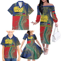 Liechtenstein Family Matching Off The Shoulder Long Sleeve Dress and Hawaiian Shirt with Red Blue Aerial River Design and Yellow Crown Emblem - Wonder Print Shop