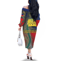 Liechtenstein Family Matching Off The Shoulder Long Sleeve Dress and Hawaiian Shirt with Red Blue Aerial River Design and Yellow Crown Emblem - Wonder Print Shop