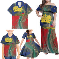 Liechtenstein Family Matching Off Shoulder Maxi Dress and Hawaiian Shirt with Red Blue Aerial River Design and Yellow Crown Emblem - Wonder Print Shop