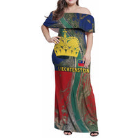 Liechtenstein Family Matching Off Shoulder Maxi Dress and Hawaiian Shirt with Red Blue Aerial River Design and Yellow Crown Emblem - Wonder Print Shop