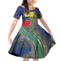 Liechtenstein Family Matching Off Shoulder Short Dress and Hawaiian Shirt with Red Blue Aerial River Design and Yellow Crown Emblem - Wonder Print Shop
