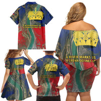 Liechtenstein Family Matching Off Shoulder Short Dress and Hawaiian Shirt with Red Blue Aerial River Design and Yellow Crown Emblem - Wonder Print Shop
