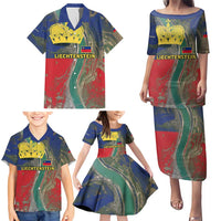 Liechtenstein Family Matching Puletasi and Hawaiian Shirt with Red Blue Aerial River Design and Yellow Crown Emblem - Wonder Print Shop